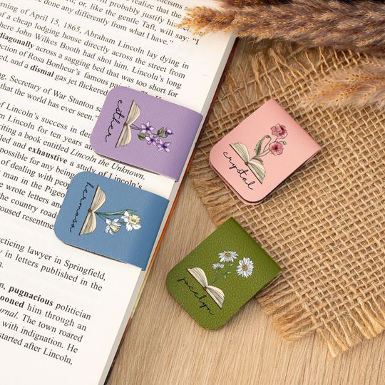Discover Name Bookmark with Birth Flower,Custom Leather Birth Flower Bookmark