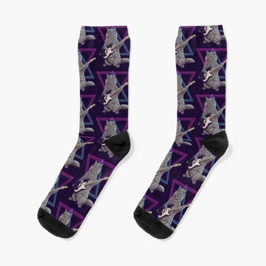 Discover Bass Cat- Rock band kitty playing the bass guitar Socks