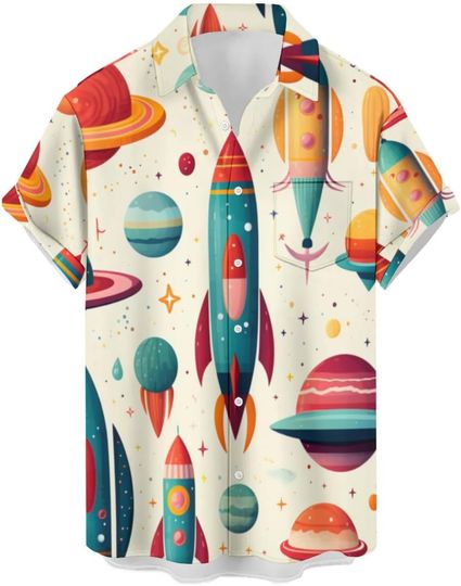 Discover Ecosunny Men's Hawaiian Short Sleeve Button Up Shirt with Spacecraft Print