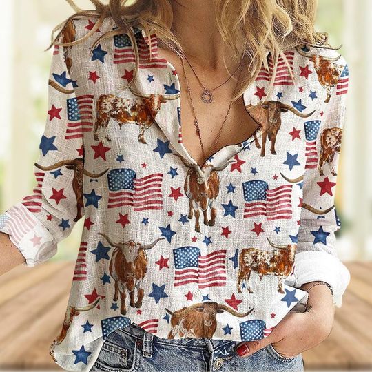 Discover Texas Longhorn Patriot USA Flag Shirt, Cow 4Th Of July Linen-Look Shirt