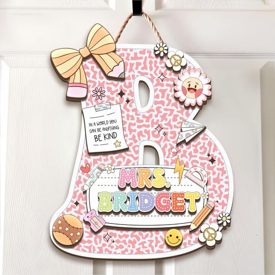 Discover Personalized Teacher Letter Sign  Custom Classroom Door Hanger with Cute Icons, Back to School Gift