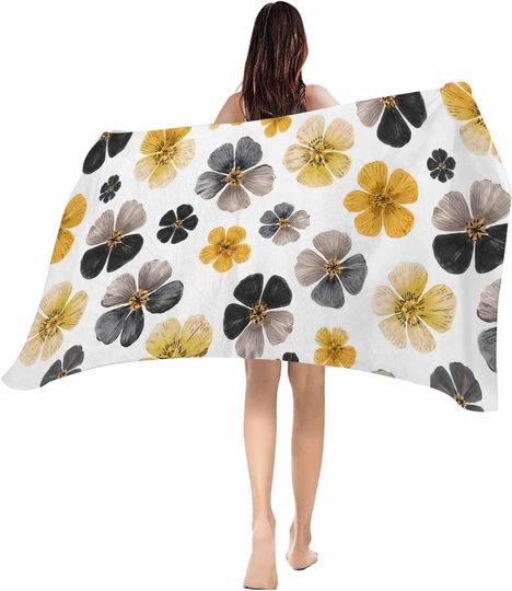 Discover Yellow Black Floral Beach Towel - Soft Absorbent Bath Pool Towel