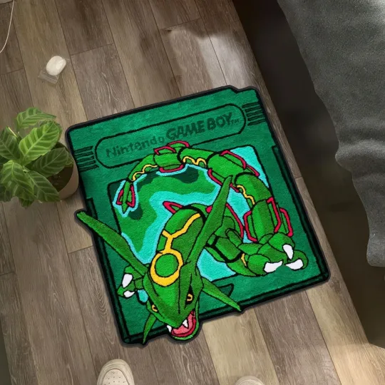 Discover Rayquaza Gameboy Green Card Retro Rug, Nintendo PKM Card Carpet Decor