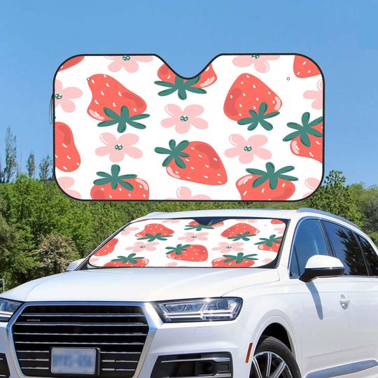 Discover Custom Photo Car Sunshade, Strawberry & Flower Foldable Car Sun Shade Windshield