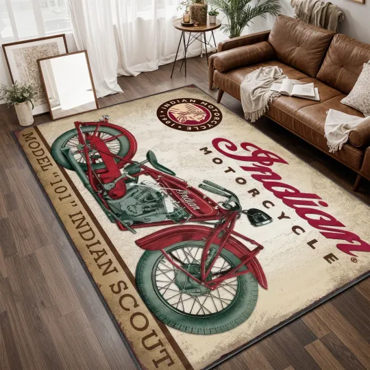 Discover Vintage Motorcycle Area Rug, Retro Style Motorcycle Lover Gift