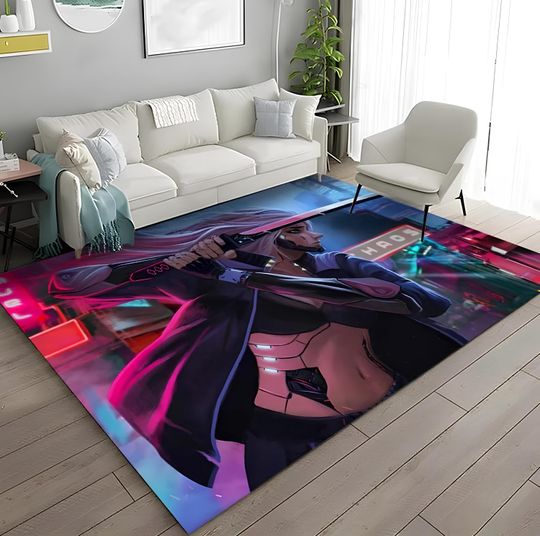 Discover Cyberpunk City View Neon lights Rug, City Sky Line Carpet , Cyberpunk Landscape Rug, Game Rug For Bedroom