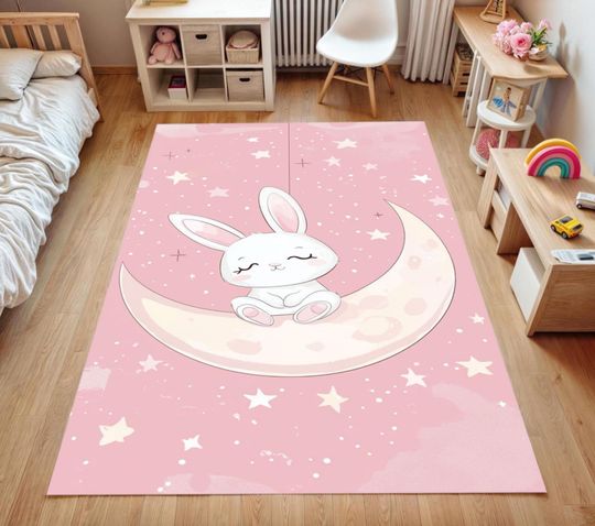 Discover Bunny Moon Rug for Baby Girl Room | Pink Nursery Carpet with Stars Gift for Her