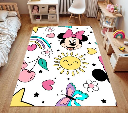 Discover Cute Cartoon Girl Rug  Soft Nursery Carpet with Pink Bow, Rainbow, Sun & Butterfly | Colorful Toddler Room Mat