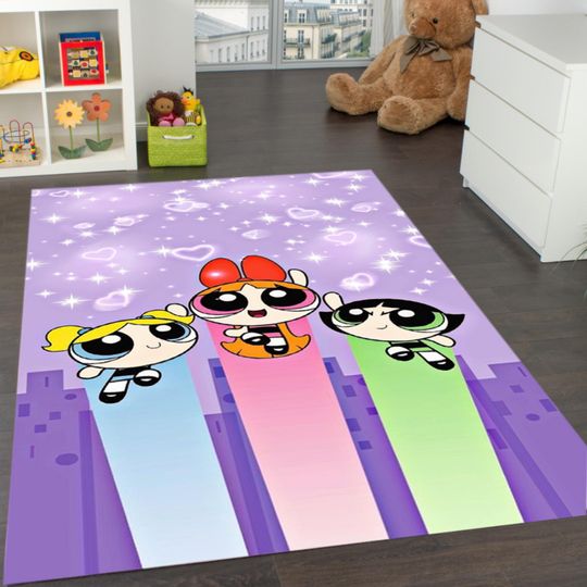 Discover Powerpuff Girls Purple Rug - Cartoon Kids Carpet with Hearts & Stars - Girls Playroom Mat