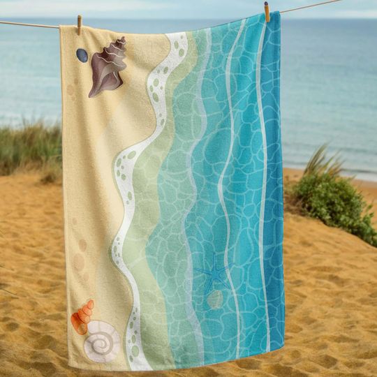 Discover Beach Towel Art, Ocean Wave Design, Sea Shell Print, Coastal Bath Towel, Cute Beach Wrap