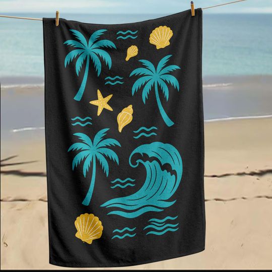 Discover Beach Towel - Wave Print, Palm Tree Art, Shell Design, Ocean Theme, Black Towel, Tropical Vibes