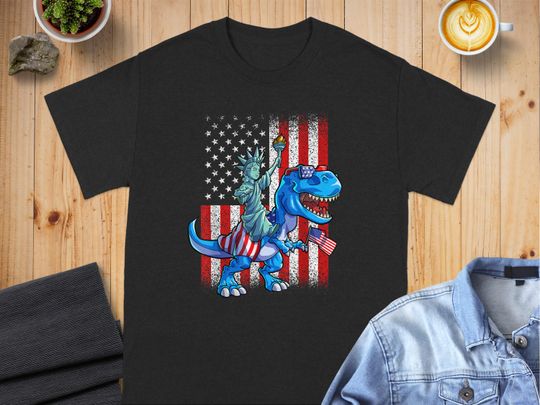 Discover Statue of Liberty riding dinosaur patriotic Shirt, funny USA themed Shirt