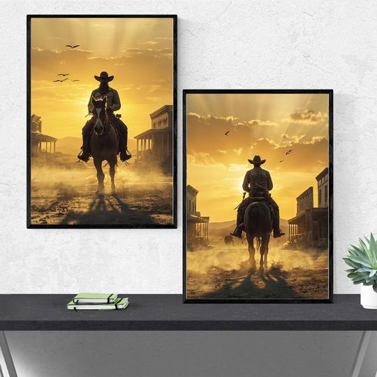 Discover Western Cowboy Set of 2!  | Vintage Wall Art | Mid Century Decor | Western Art | Moody Print Cowboy Wall Art