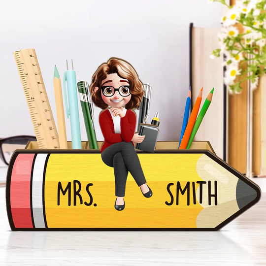 Discover Teacher Sitting On The Pencil - Personalized Wooden Pen Pencil Holder