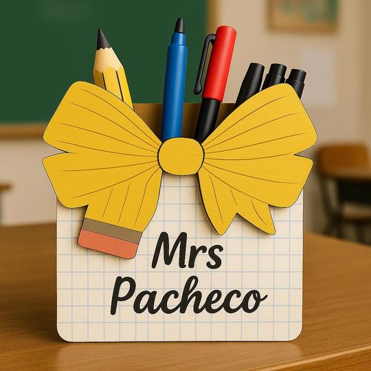 Discover Custom Teacher Pen Holder with Coquette Bow, Personalized Pencil Desk Organizer