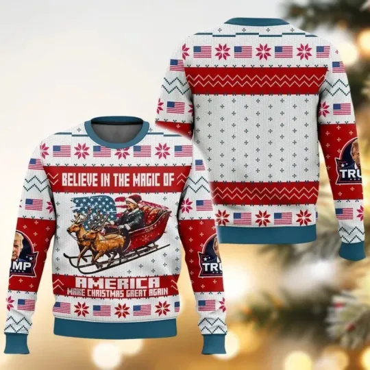 Discover BG Trump Ugly Christmas Sweater, Believe In The Magic Of America Make Christmas