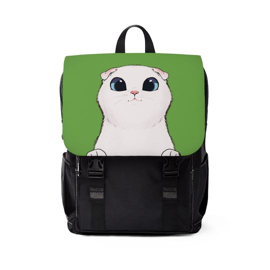 Discover White Scottish Fold Cat Green Flap Casual Shoulder Backpack