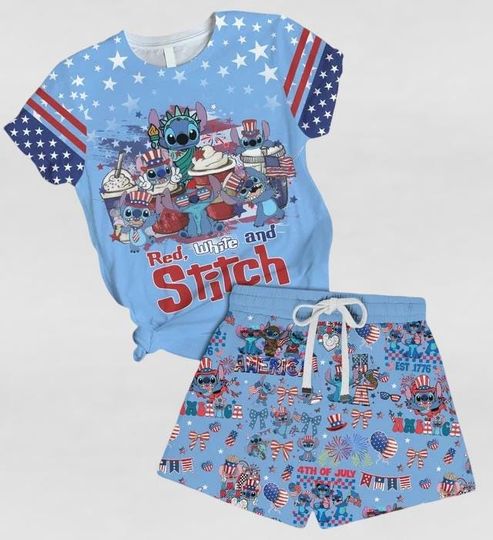 Discover Stitchh 4th Of July Pajamas Shorts Set, American Flag Shirt, Disneyyland Shorts Women