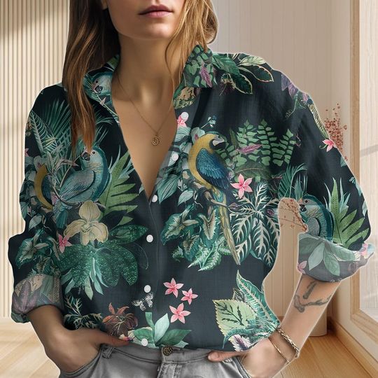 Discover Tropical Parrot Shirt, Botanical Blouse Shirt, Jungle Bird Print Casual Top