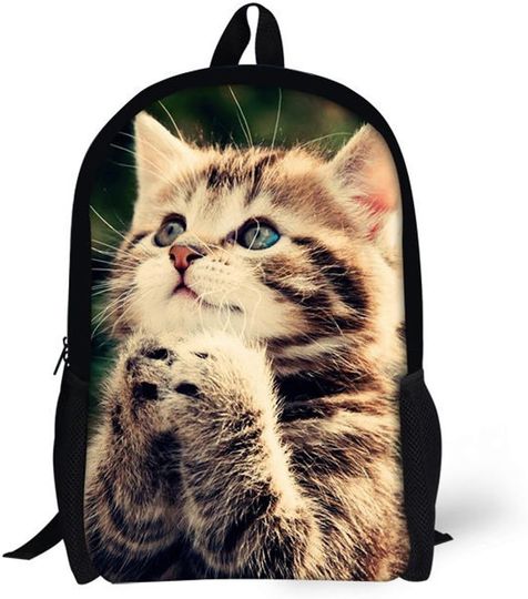 Discover Cat Print Canvas Backpack for School Students