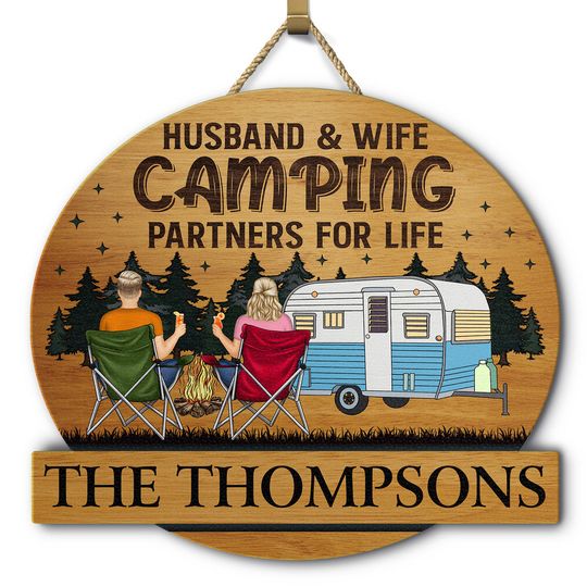 Discover Camping Couple Backside Husband & Wife Camping Partners For Life - Custom Shaped Wood Sign