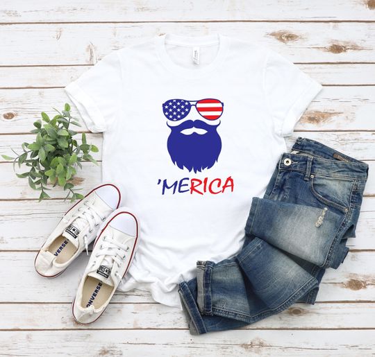 Discover Merica Sunglasses Beard Shirt, Mens 4th of July T Shirt,Fourth of July Gift for Him,Funny America Shirt,Independence Day Gift