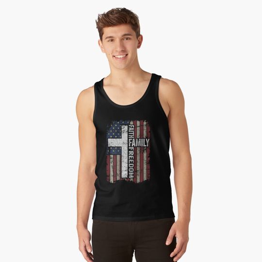 Discover Faith Family Freedom Vintage USA Flag Tank Top