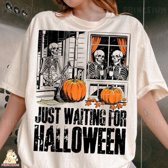 Discover Just Waiting for Halloween Shirt, Funny Skeleton Fall Shirt, Spooky Season Shirt