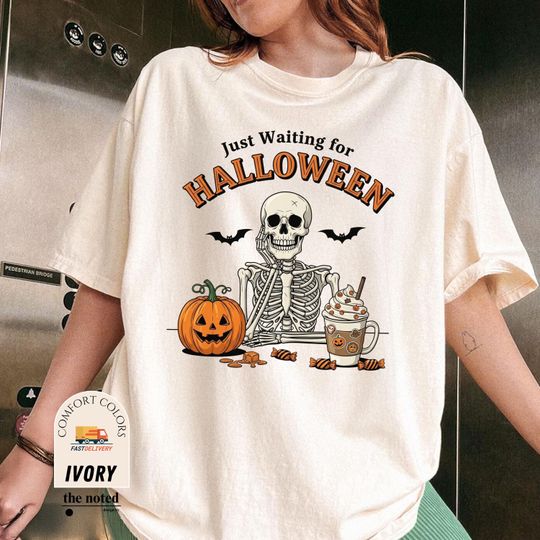 Discover Just Waiting for Halloween Shirt, Funny Skeleton Shirt, Spooky Pumpkin Latte Tee