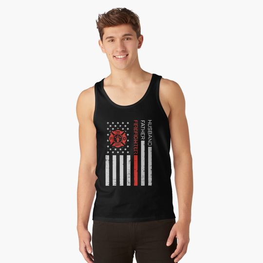 Discover Husband Father Firefighter American Flag Red Line Tank Top