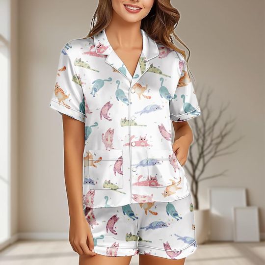 Discover Funny Cats Satin Pajama Set for Women