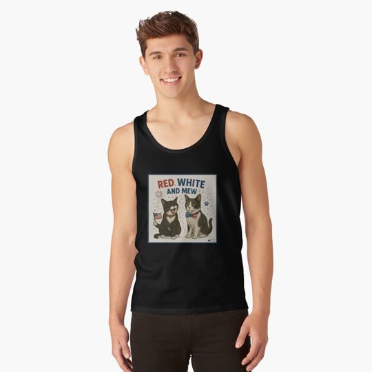 Discover Red, White, and Mew Funny Cat Tank Top