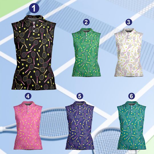 Discover Retro Tennis Polo Shirt with Racket and Ball Pattern - Sleeveless or Short Sleeve for Women
