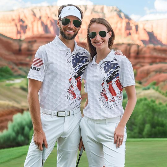 Discover Couple US Flag Patriotic Golf Polo Shirt, Proud Golf American Polo Shirt, Men Women Golf Shirt, Golf Flag Shirt, Golf Lover Gift