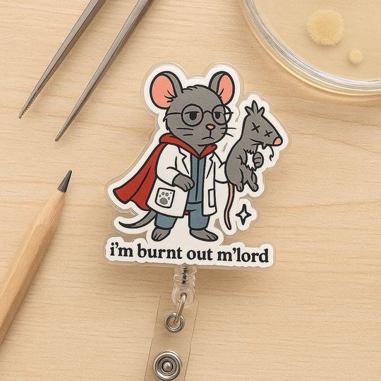 Discover Funny Scientist Mouse Acrylic Badge Reel Burnt Out Quote ID Holder Cute Lab Animal Design Gift