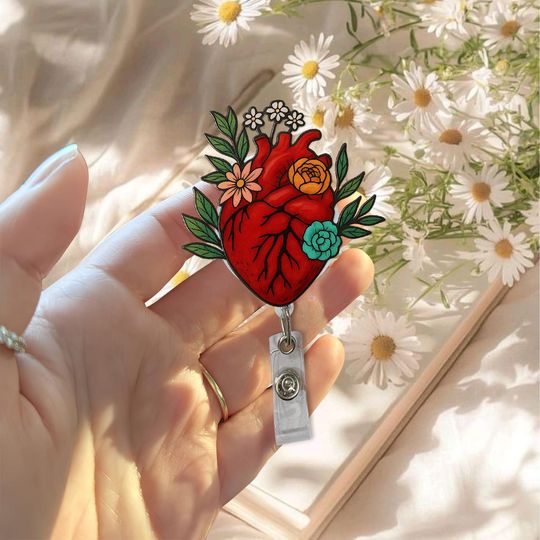 Discover Floral Anatomical Heart Acrylic Badge Reel, Heart Doctor nurse Gift, Heart Surgeon Gift, Cardiologist Gift Idea