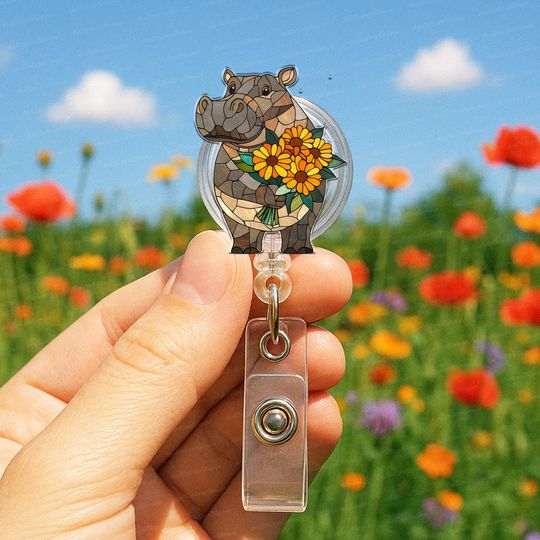 Discover Hippo with Yellow Flower Badge Reel, Cute Animal Badge Holder