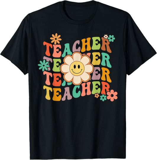 Discover Retro Groovy Teacher Colorful Daisy Flower T-Shirt