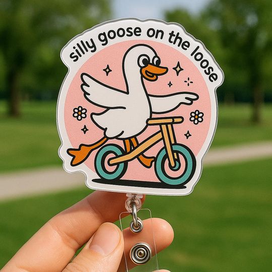 Discover Funny Goose Badge Reel Silly Goose on the Loose Acrylic ID Holder Cute Bike Name Tag Gift