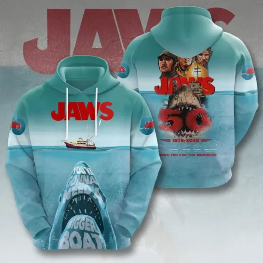 Discover Jaws Movie 50 Years 1975-2025 Thank For The Memories 3D Hoodie