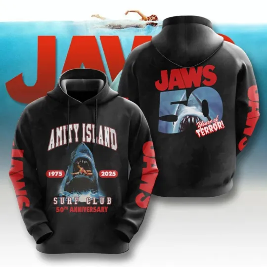 Discover Jaws Movie 50 Years 1975-2025 Thank For The Memories 3D Hoodie