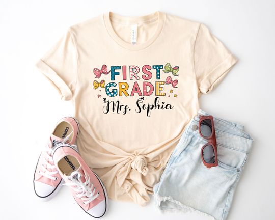 Discover Custom First Grade Teacher T-Shirt with Name, Personalized Back to School Tee