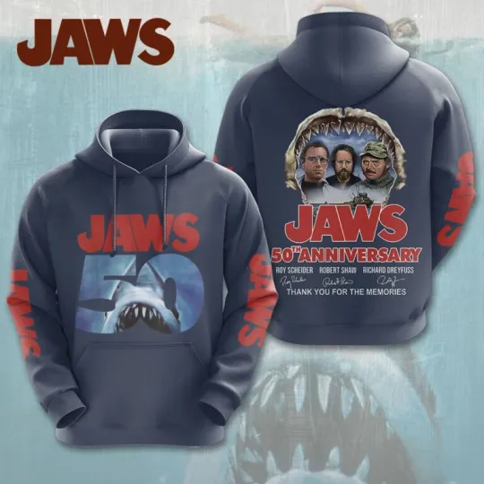 Discover Jaws Movie 50 Years 1975-2025 Thank For The Memories 3D Unisex Hoodie LH1490
