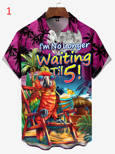 Discover Men's Letters & Parrot Tropical Print Short Sleeve Shirt For Summer, Casual Comfy Shirt As Gift