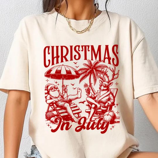 Discover Funny Christmas in July Shirt, Tropical Santa Beach Tee
