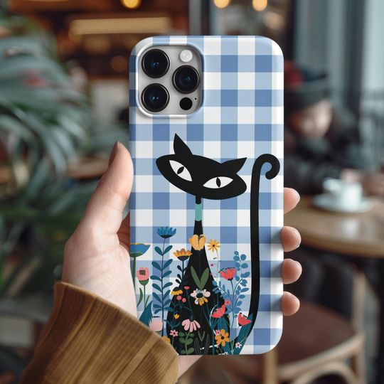 Discover Atomic Cat Retro iPhone Case - Vintage Blue Gingham Cat Lover Accessory