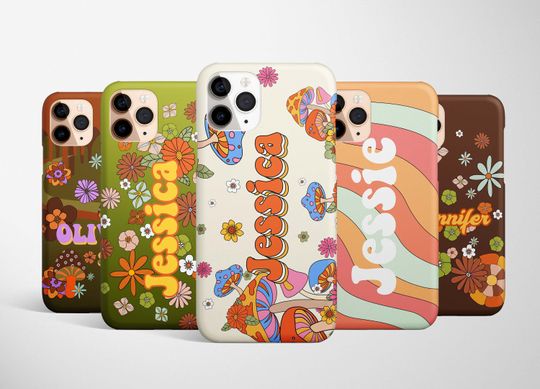Discover Custom Name iPhone Case - Personalized Groovy Mushroom and Floral Retro Design