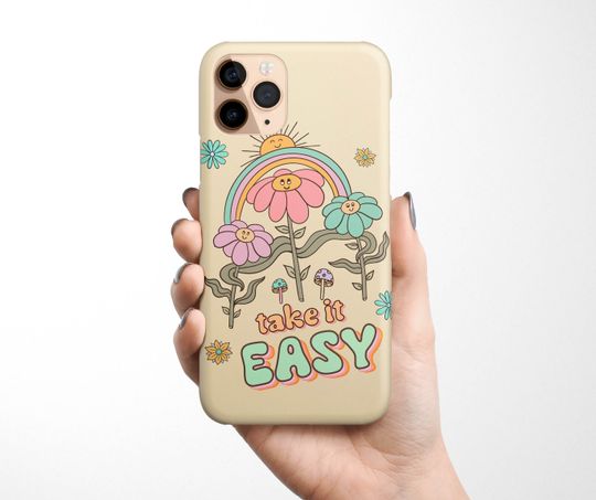 Discover Take It Easy Quote iPhone Case - Retro Smiling Flowers Positive Message
