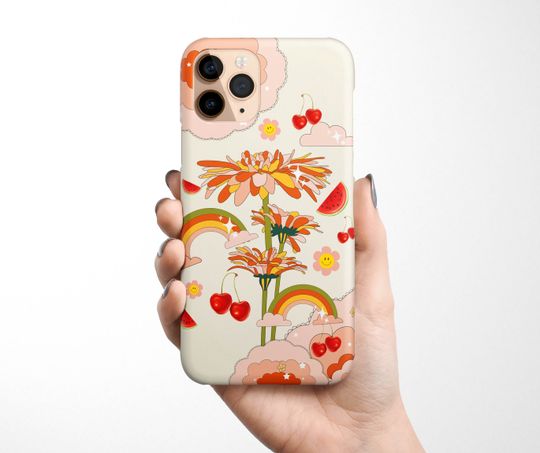 Discover Retro Flowers Fruits iPhone Case - Groovy Smiling Floral and Fruit Design