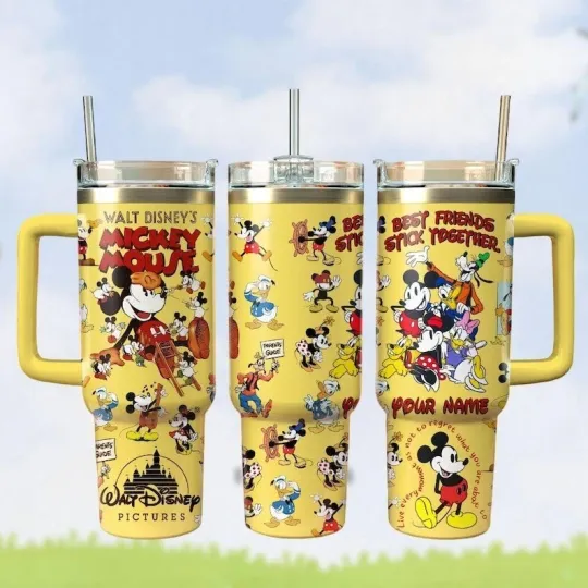 Discover Vintage Mickeyy mouse Tumbler 40oz, Yellow Cartoon Cup with Handle, Disneyyy Best